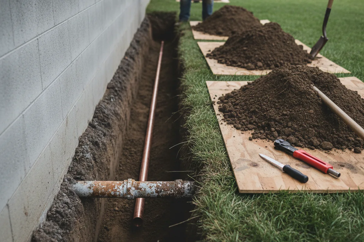 Excavated water line trench during Water Softener Installation in Firth